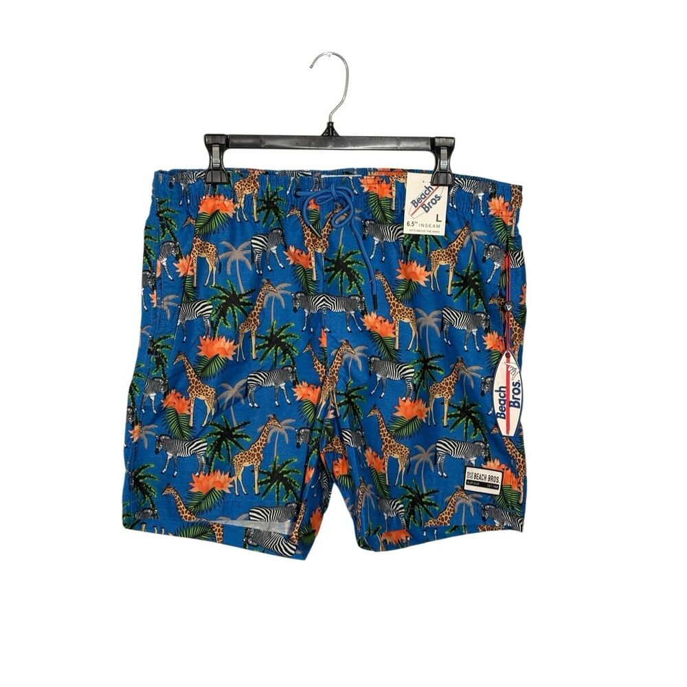 NWT Beach Bros volley swim trunks blue with tropical animal pattern - L